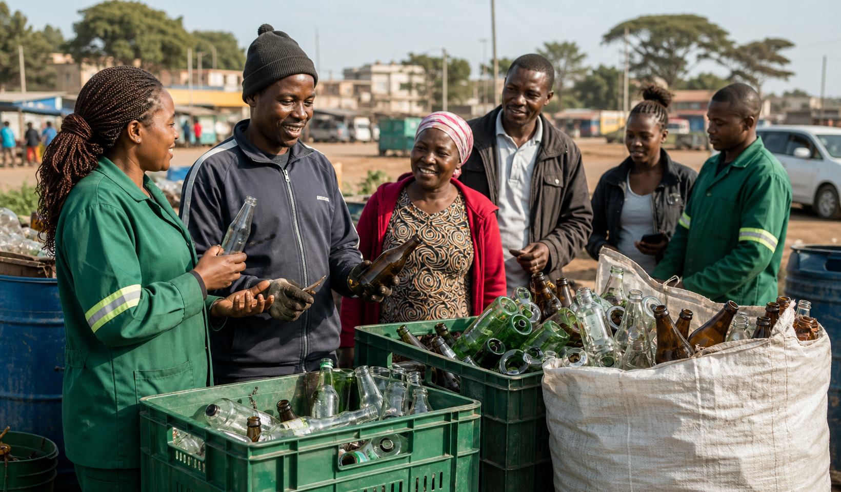 Kenyan community members and recycling staff discussing glass bottle collection
