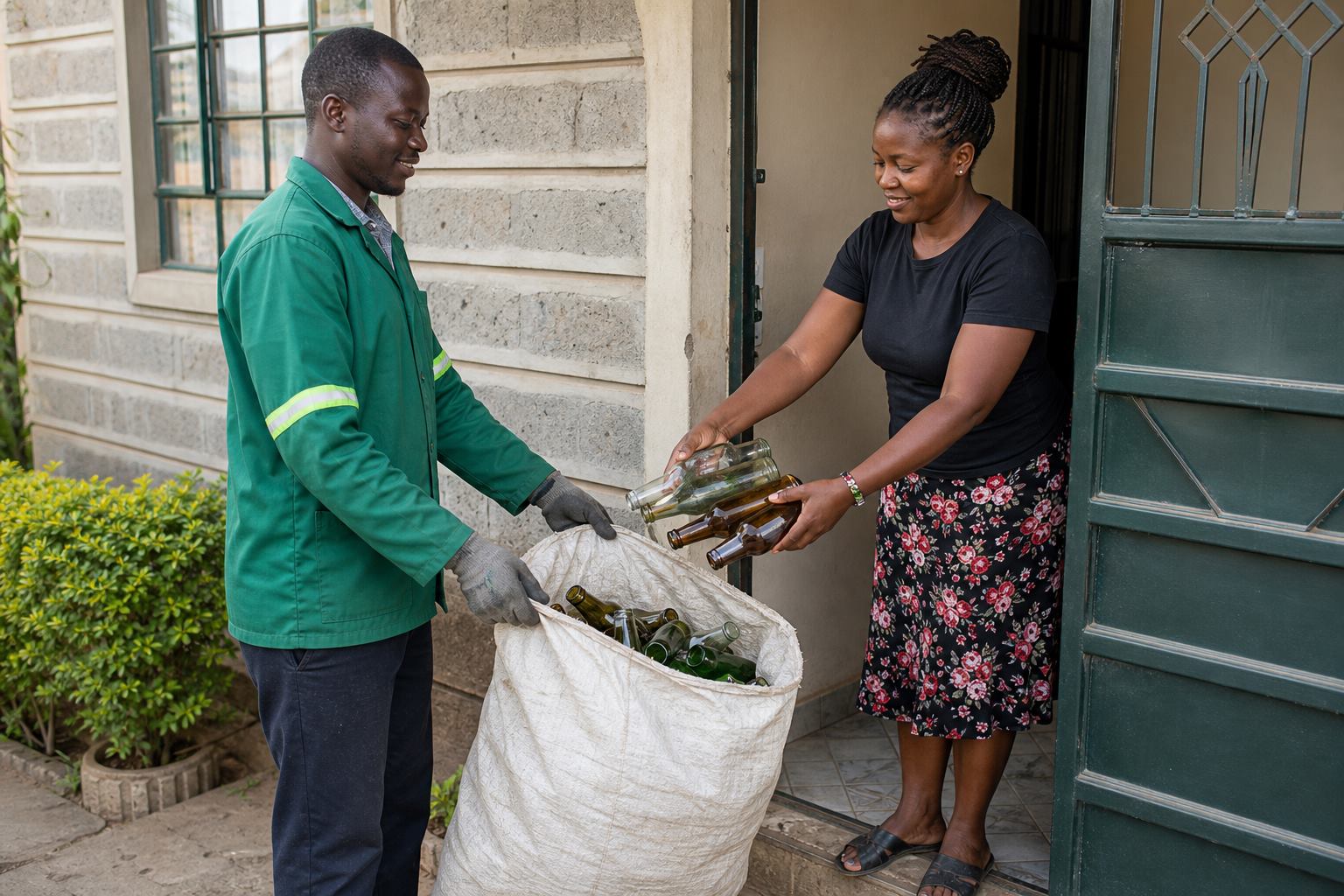 Glass bottle collector receiving empty bottles from a house owner at the door