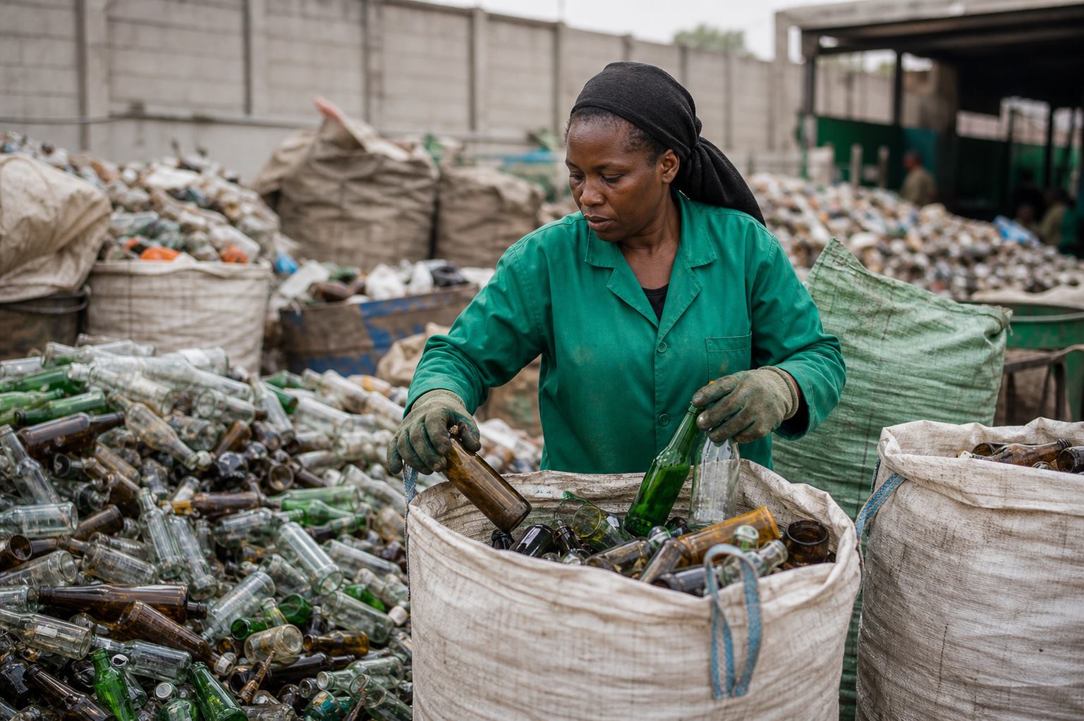 Woman collector packing recovered glass bottles into a sack