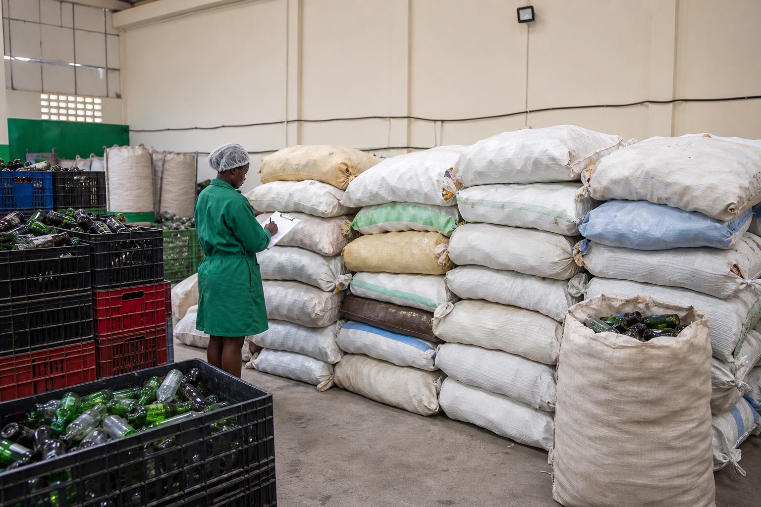 Stacked sacks of collected glass bottles at an OCUVIDA receiving area